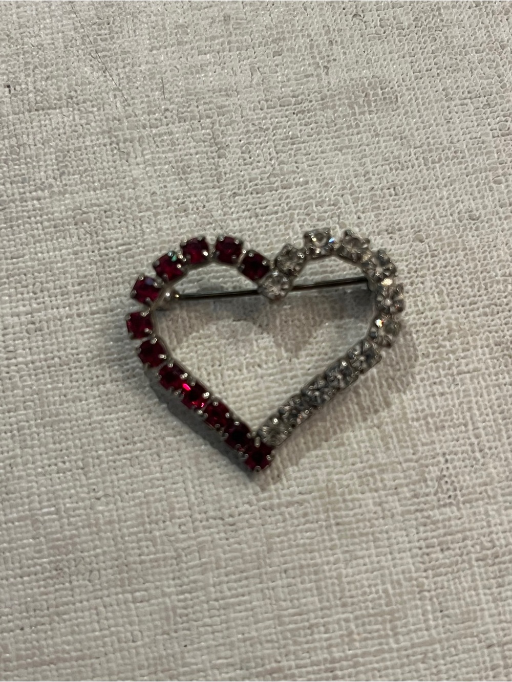 Vintage Red and Clear rhinestone heart Brooch. Classic!